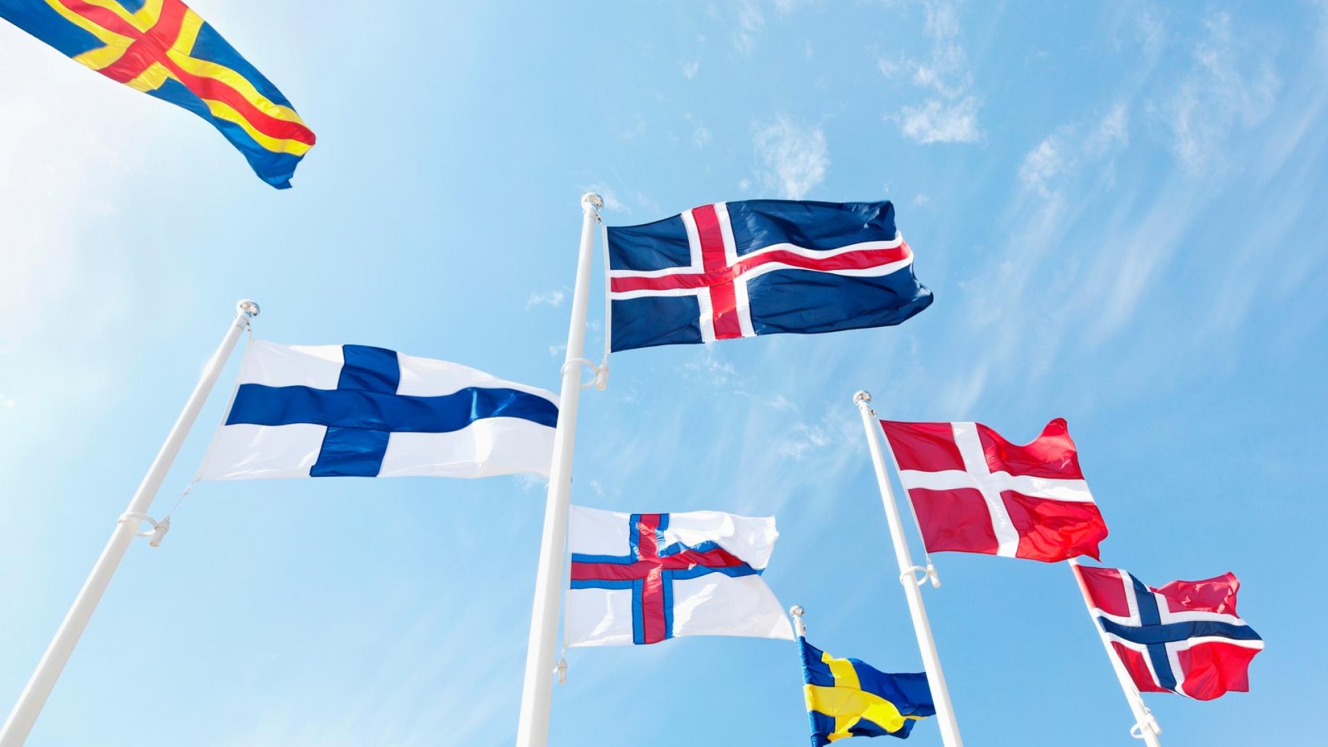 Nordiska flaggor som vaggar mot blå himmel