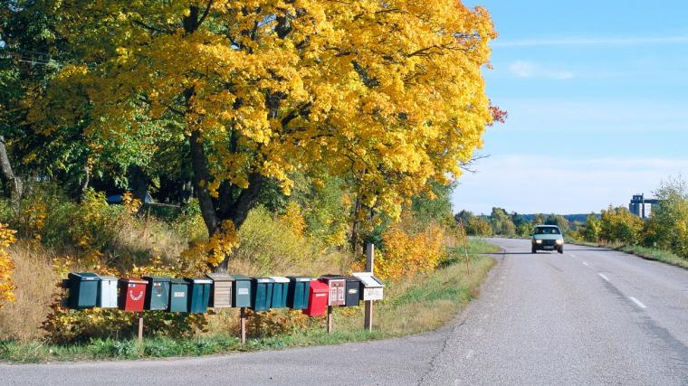Brevlådor vid landsväg på hösten